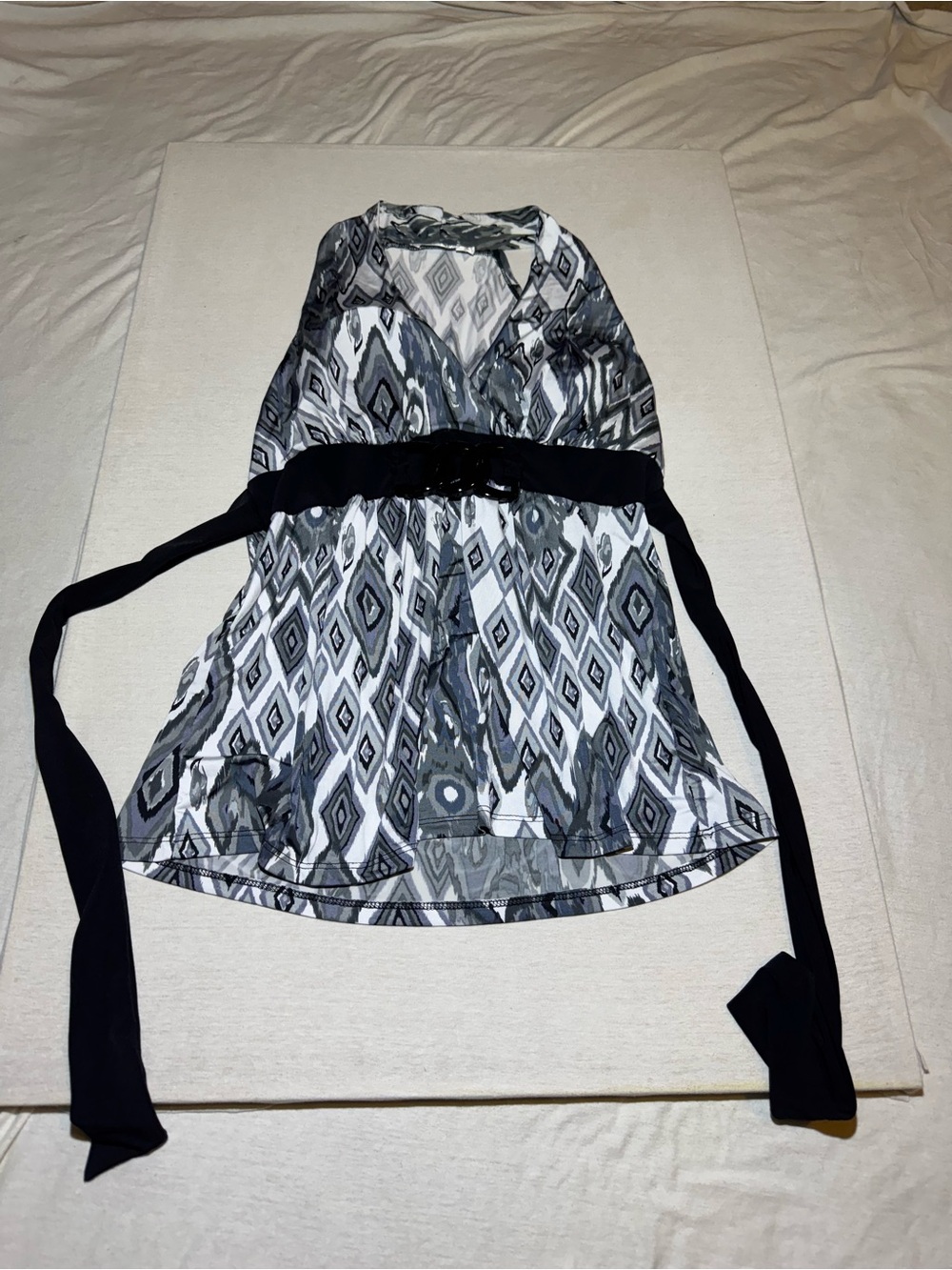 Warehouse Black and White Geometric Faux-Wrap Tunic with Waist Tie